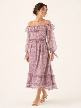 Lulus Romantic Dusty Mauve Floral Off Shoulder Ruffle Midi Dress Sz XS